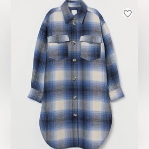 EUC H&M BLUE PLAID LONG SHACKET OVERSHIRT FLANNEL BUTTON JACKET OVERSIZED SZ L